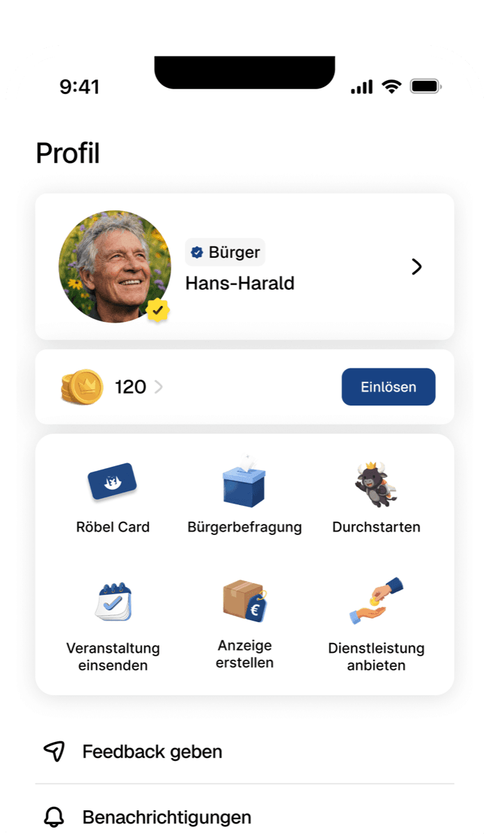 The Röbel App profile screen with Röbel Card, citizen survey, and verified citizen badge